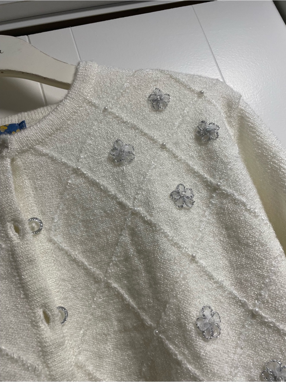 90s Y2K Vintage Volga Beaded Diamond Pattern Cardigan White Size L - Picture 5 of 7
